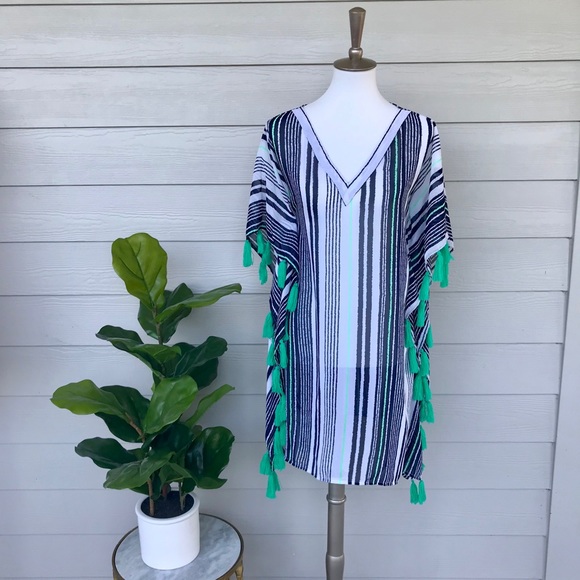 NWT Navy + Green Tassel Caftan CoverUp Beach Dress - Picture 2 of 8